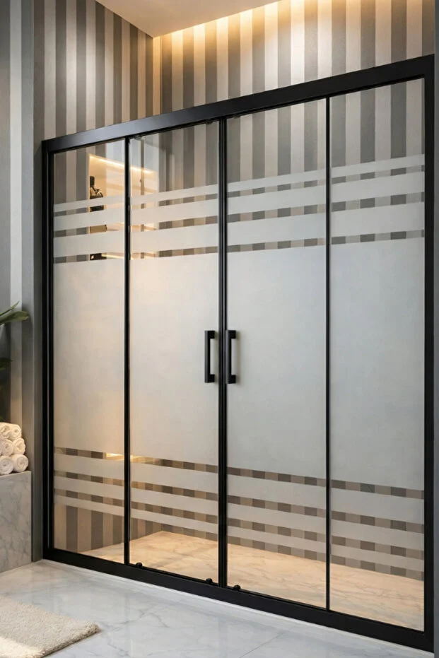 Duşakabin Ön Cephe Siyah Profil 5mm Desenli Cam Yükseklik 190cm